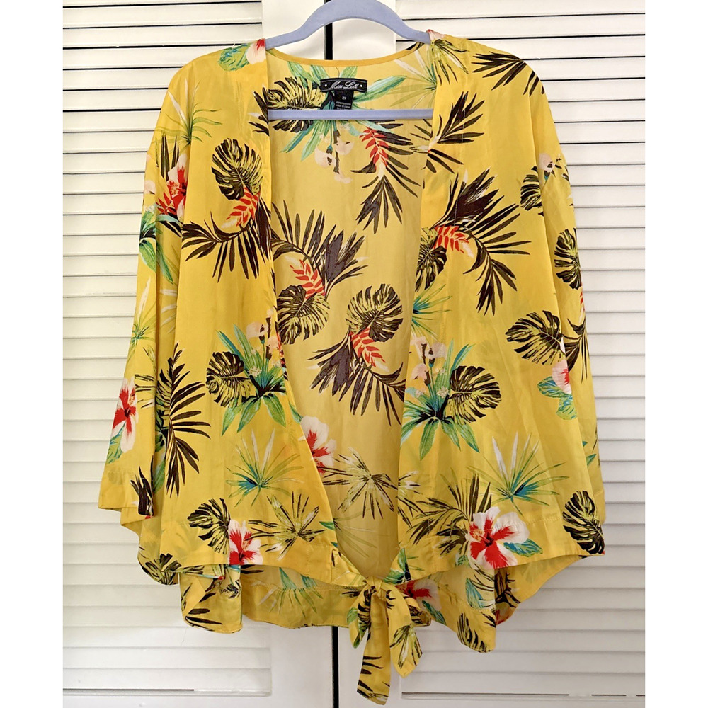 Top Plus Size 2X Yellow Colorful Tropical Waist Tie Shirt Floral Beach Miss Lili